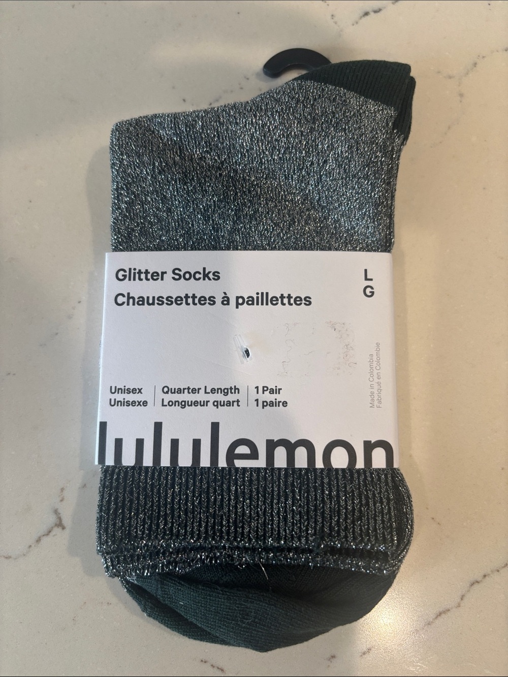 lululemon Glitter Quarter Length Socks - Black & Silver, Sz Large NWT